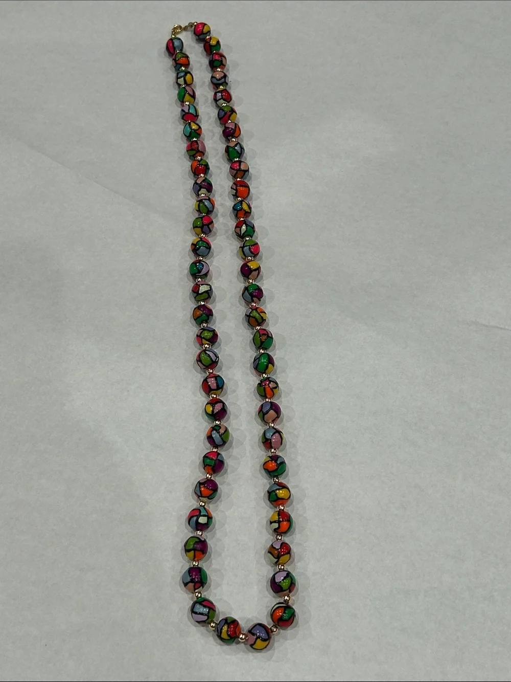 Vintage stained glass Beaded glow party 80s Necklace Gold Accent Beads long 30”